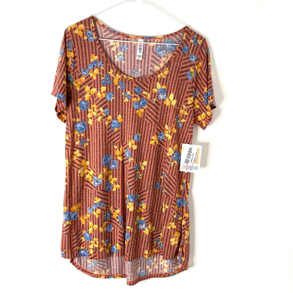 LuLaRoe Floral Scoop Neck Striped Classic Tee Hi Lo Curved Hem Stretch Fit NWT